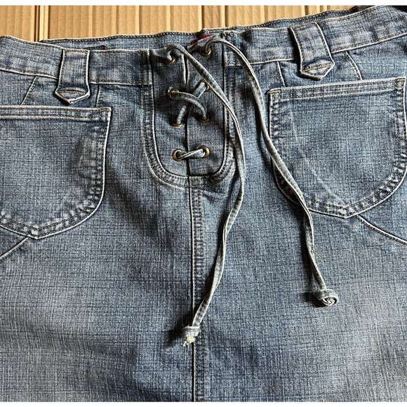 Vtg London Blue Vigoss Jean Skirt Size 1X Blue Denim Lace Up Front Slits Pockets - Picture 4 of 16